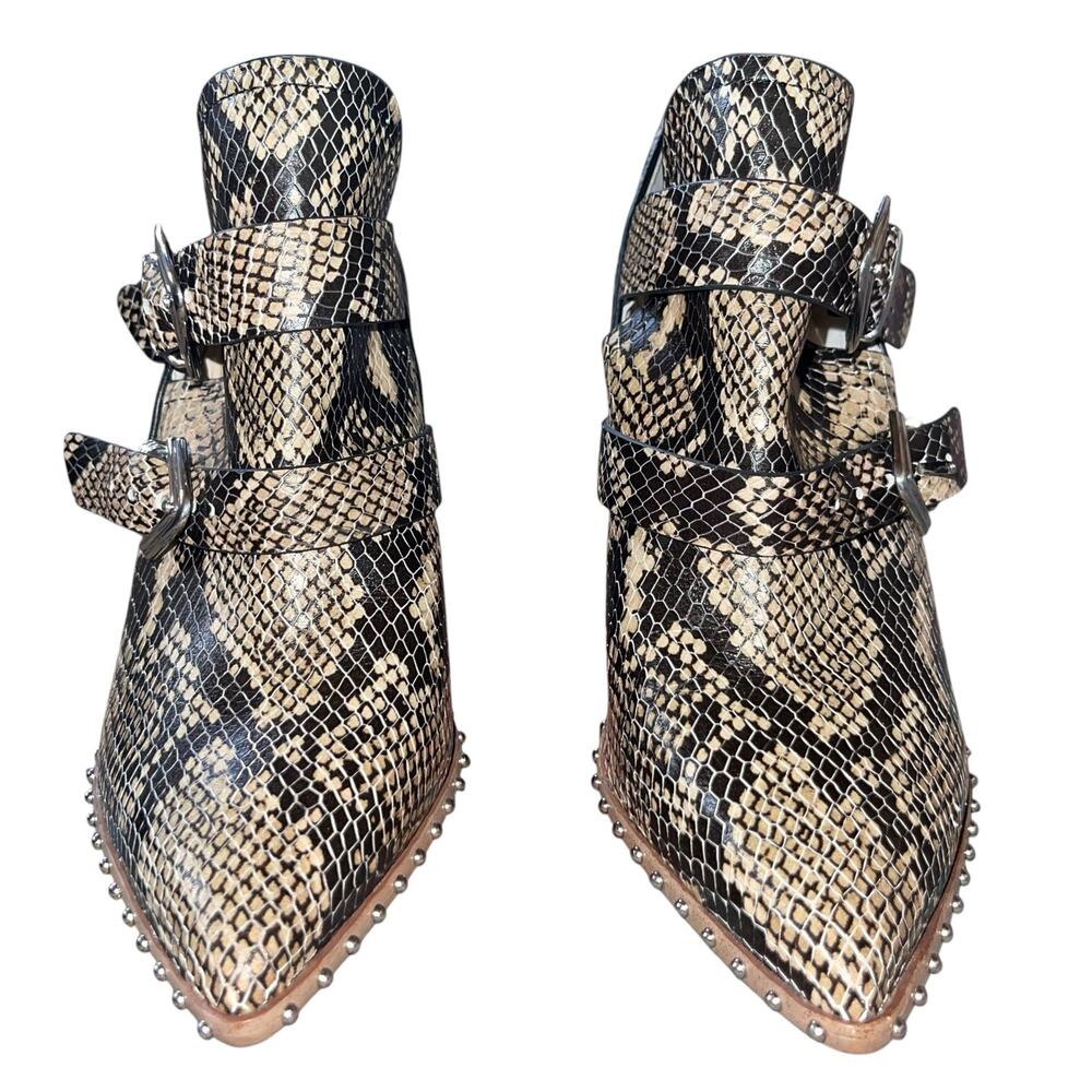 Snakeskin Boots Block Heel Buckle Studs Point Toe - Picture 3 of 9